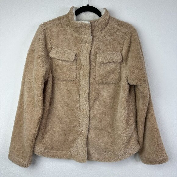 NWT Olivia Sky Women's Plush Teddy Snap Sweater Cardigan Shacket Size L Tan - Picture 1 of 10
